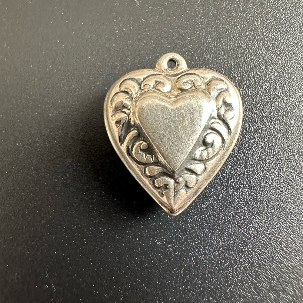 Vintage Sterling Silver Puffy Heart Charm intricately carved design